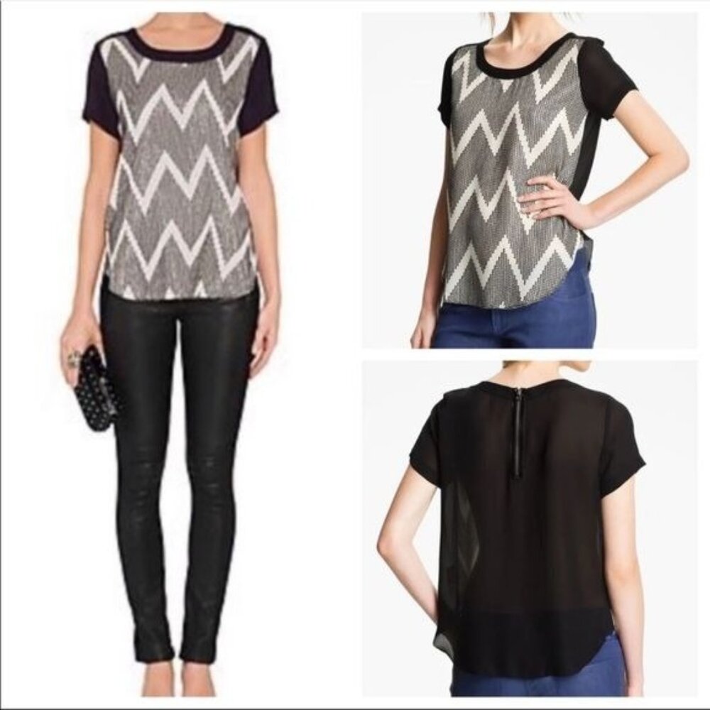 L'AGENCE 100% Silk Sequin Chevron Zig Zag short sleeve Blouse size 4 - Picture 1 of 10